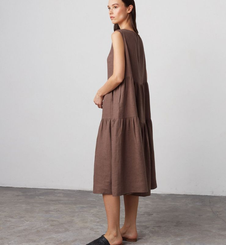 Abito Midi in Lino Naturale Donna – Smanicato con Tasche