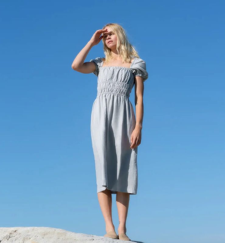 Abito Midi in Lino con Maniche a Sbuffo