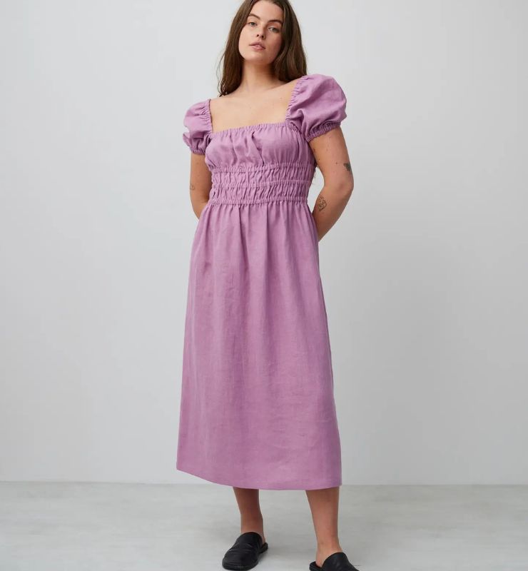 Abito Midi in Lino con Maniche a Sbuffo