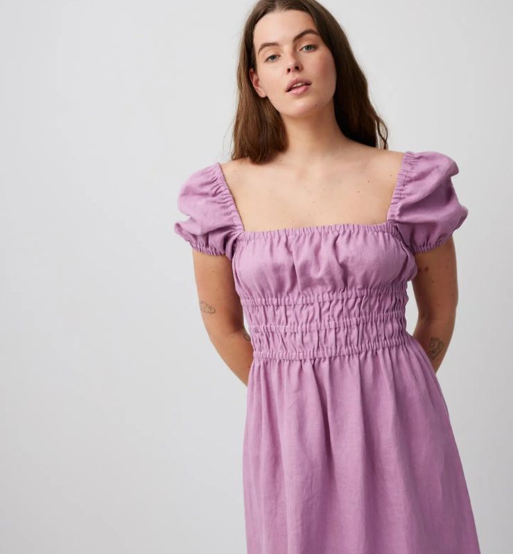 Abito Midi in Lino con Maniche a Sbuffo