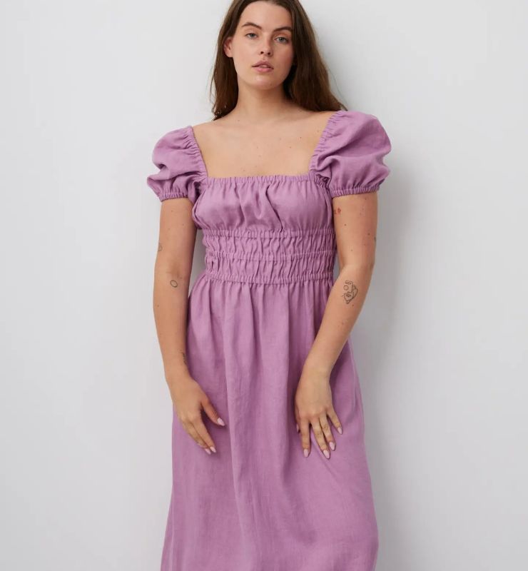 Abito Midi in Lino con Maniche a Sbuffo