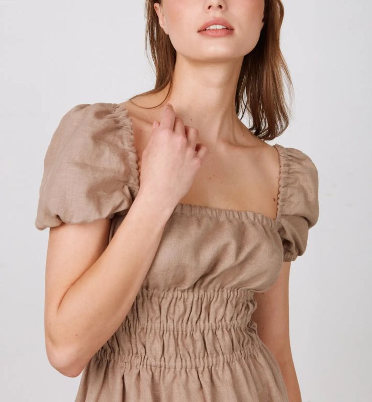 Abito Midi in Lino con Maniche a Sbuffo