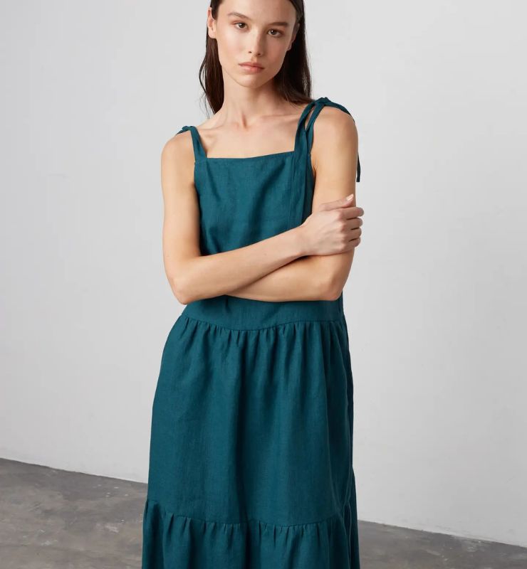 Abito Midi in Lino con Spalline Annodabili