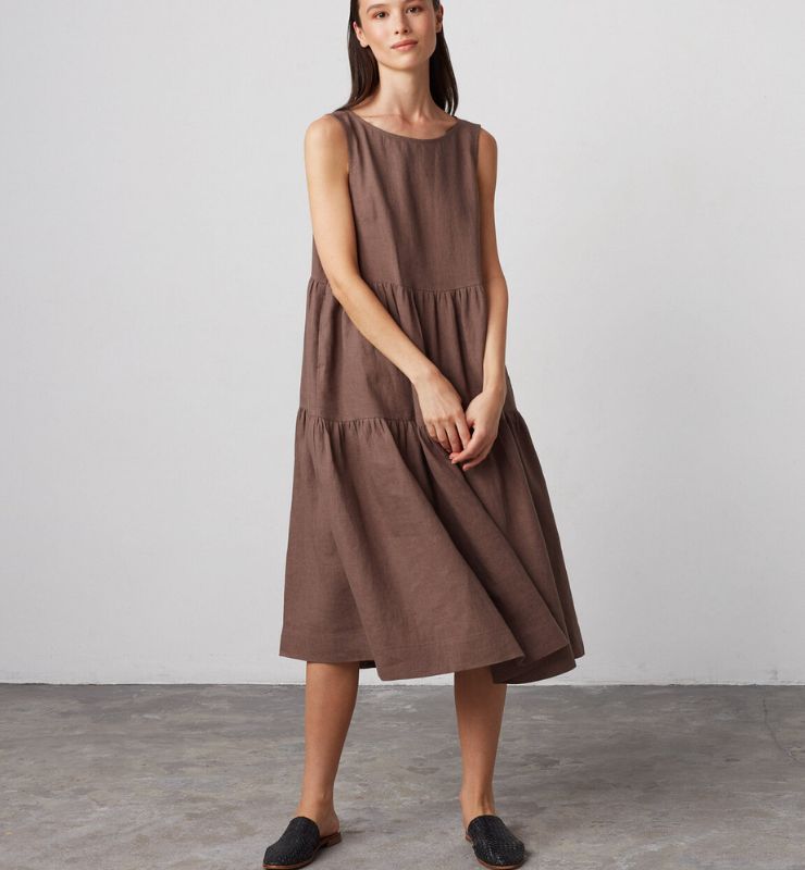 Abito Midi in Lino Naturale Donna – Smanicato con Tasche