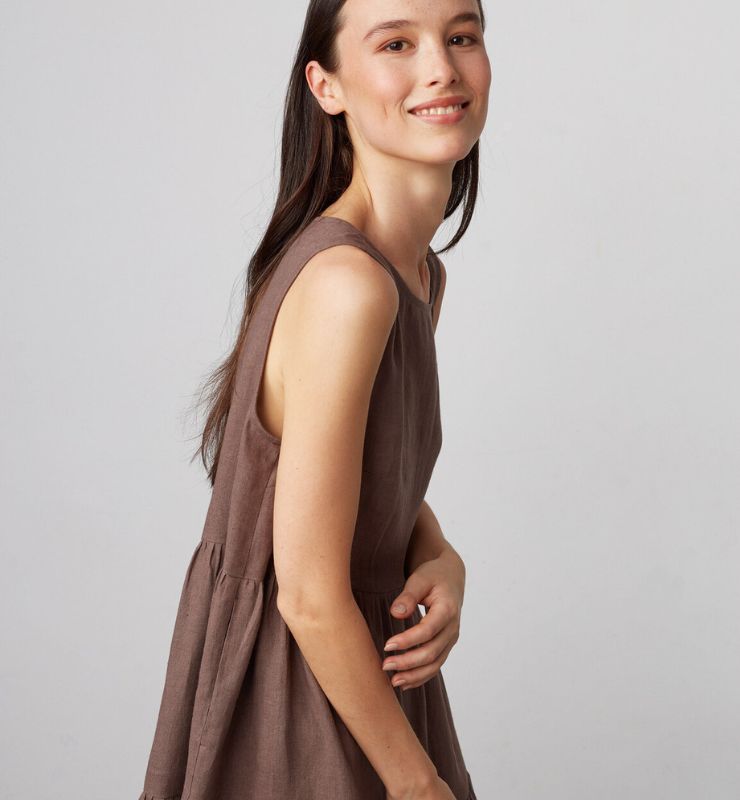 Abito Midi in Lino Naturale Donna – Smanicato con Tasche