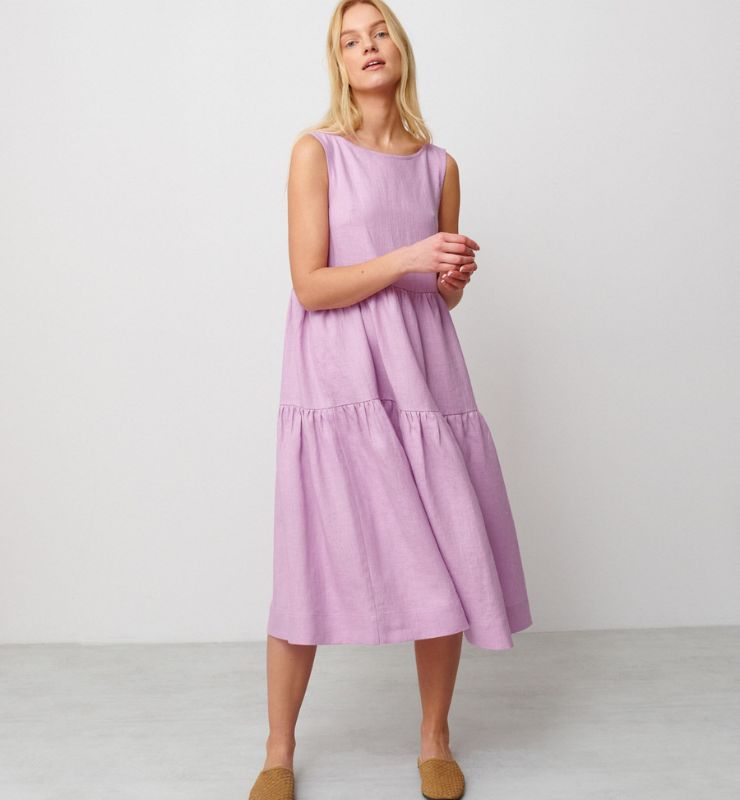 Abito Midi in Lino Naturale Donna – Smanicato con Tasche