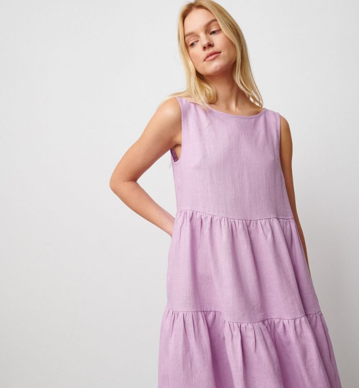 Abito Midi in Lino Naturale Donna – Smanicato con Tasche