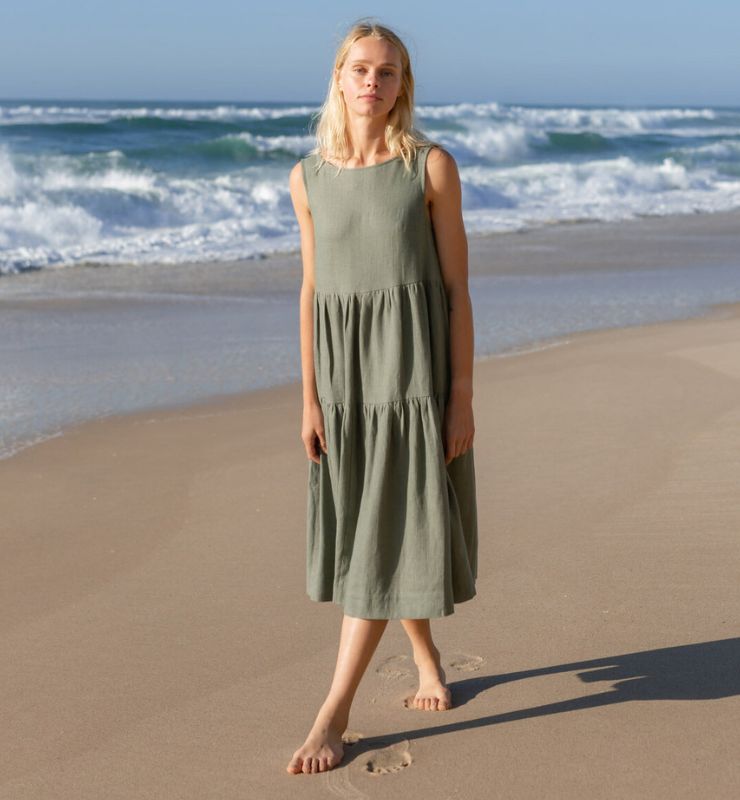 Abito Midi in Lino Naturale Donna – Smanicato con Tasche