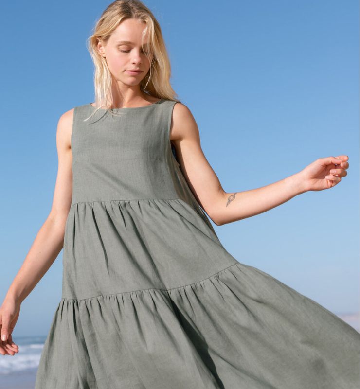 Abito Midi in Lino Naturale Donna – Smanicato con Tasche