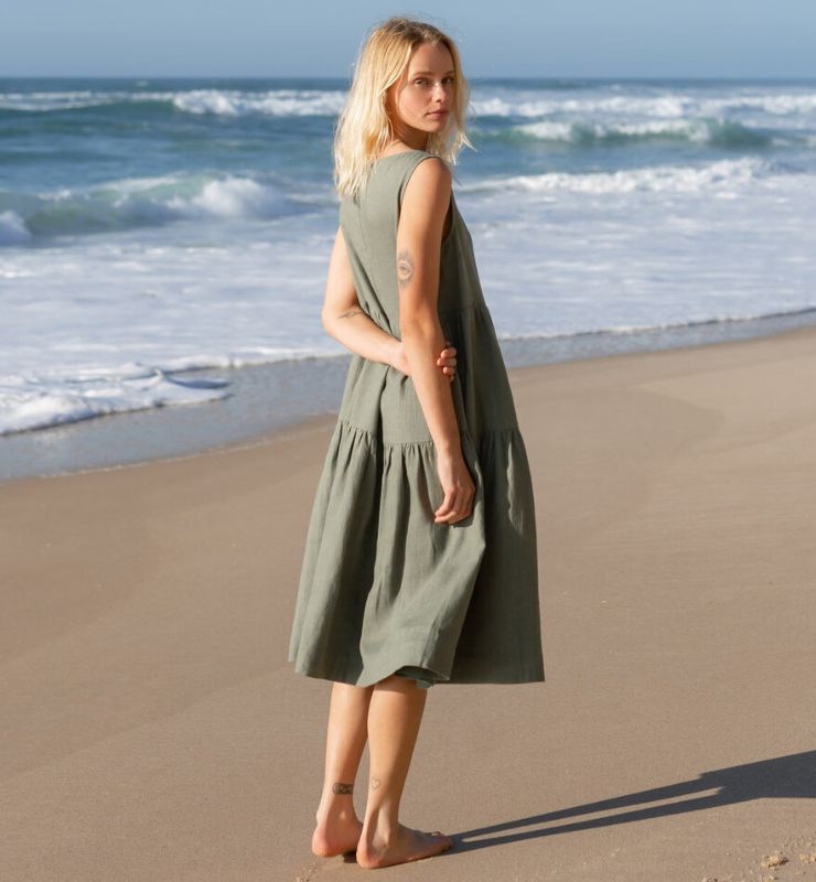 Abito Midi in Lino Naturale Donna – Smanicato con Tasche