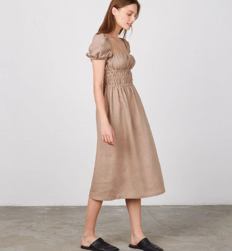 Abito Midi in Lino con Maniche a Sbuffo