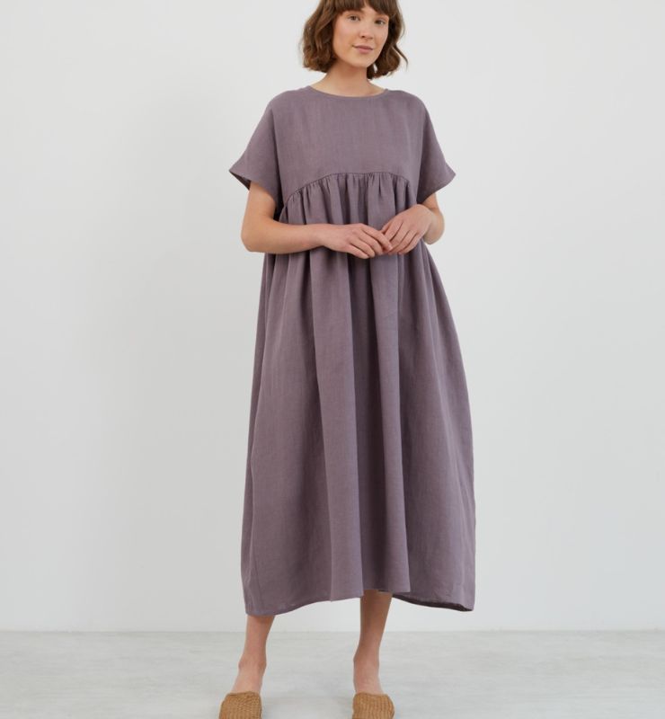 Abito midi manica corta in lino con vita impero arricciata