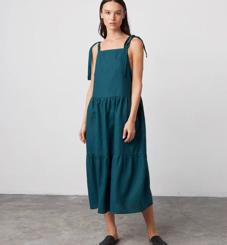 Abito Midi in Lino con Spalline Annodabili