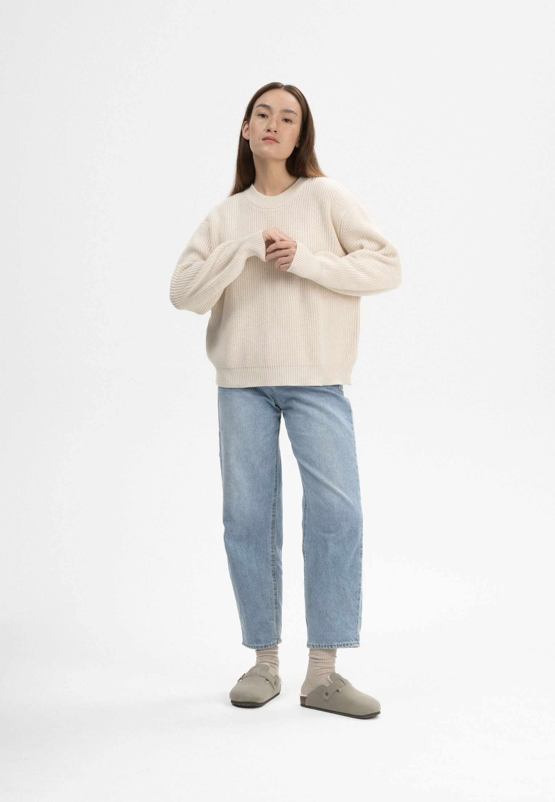 Maglione girocollo a costine in 100% caldo cotone organico