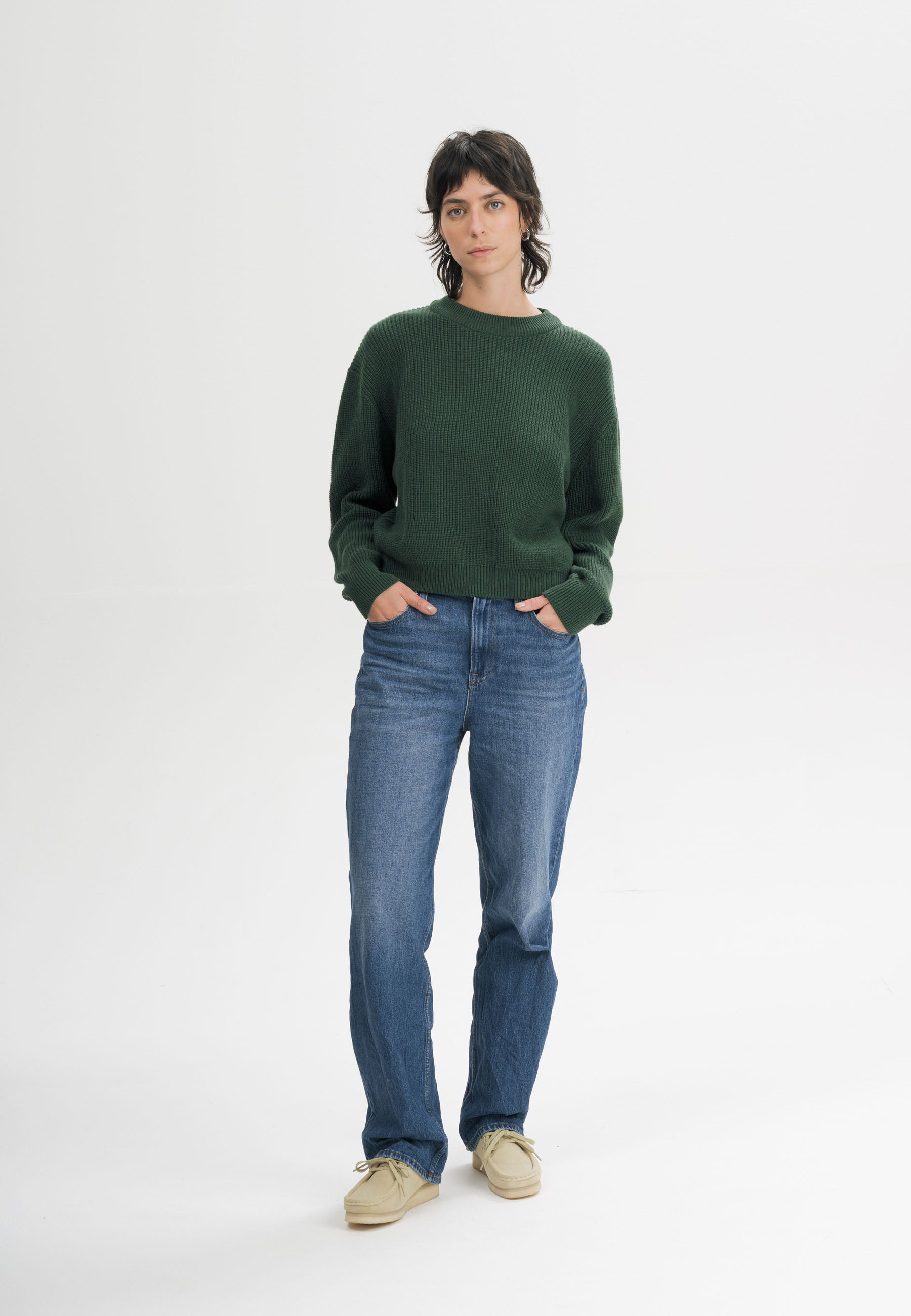 Maglione girocollo a costine in 100% caldo cotone organico